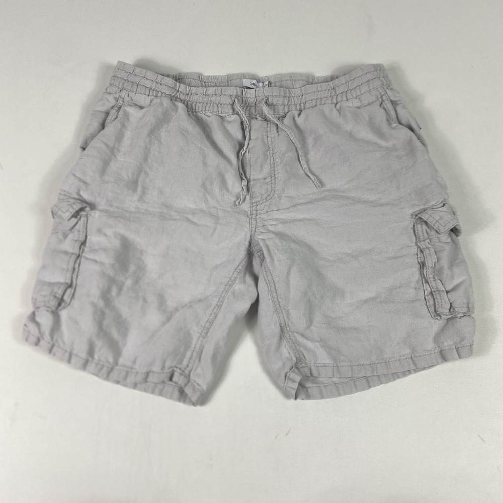 Onia Shorts Mens 38 Gray Linen Cargo Elastic Waist Drawstring Casual 7 Inseam